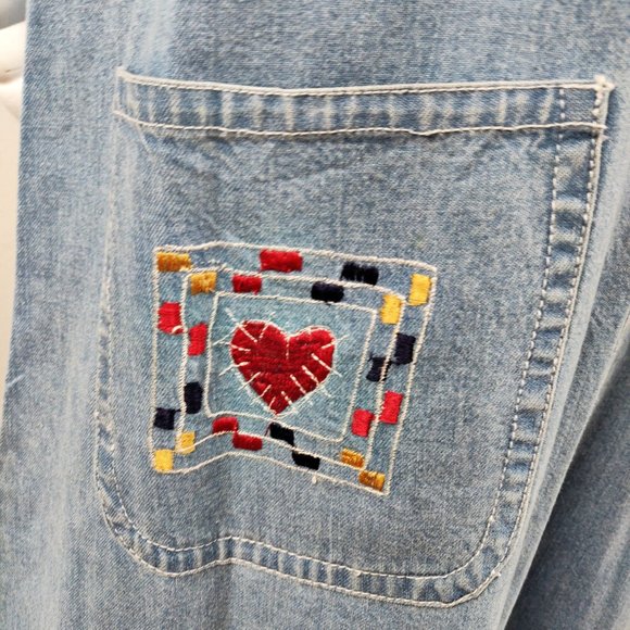 Vintage 1990s Celestial Heart Jumper Dress Chambray Applique Folk Art Grunge 8 - Picture 8 of 13